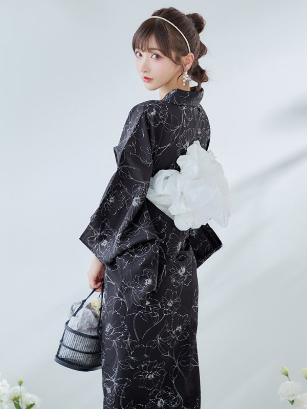 画像16: 【即日発送】ブラック×線画フラワー浴衣【浴衣３点セット 浴衣/帯/下駄】[YMT]