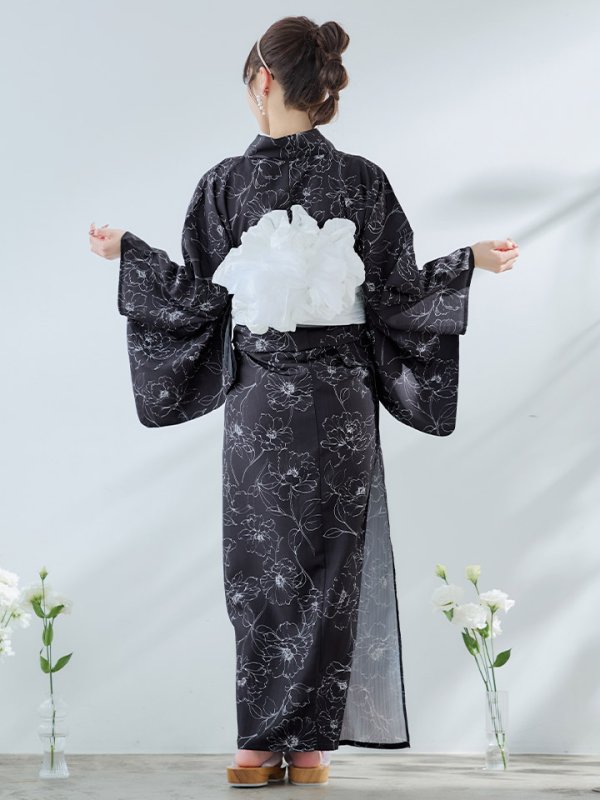 画像17: 【即日発送】ブラック×線画フラワー浴衣【浴衣３点セット 浴衣/帯/下駄】[YMT]