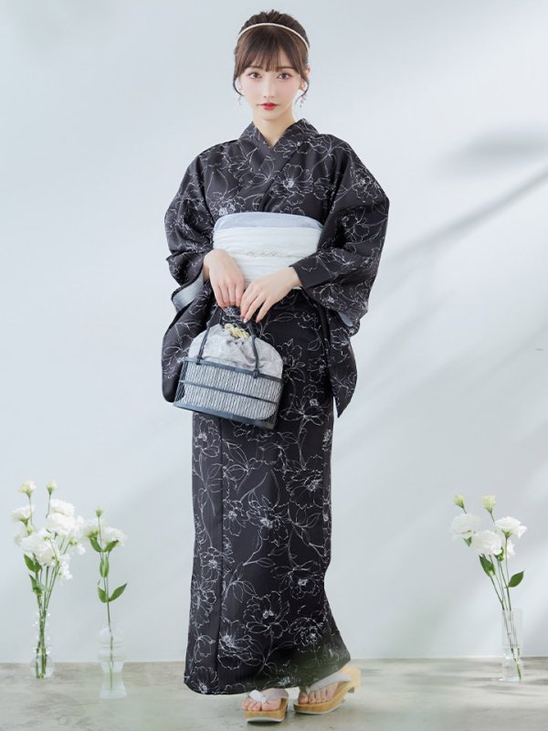 画像2: 【即日発送】ブラック×線画フラワー浴衣【浴衣３点セット 浴衣/帯/下駄】OBI-siwa-202-ok-6-W / HIMO-900-yn-5-IV / HEKO-800-sb-5-WH / YA-1079-kj-8-W / GETA-03-ok-2-P [YMT]