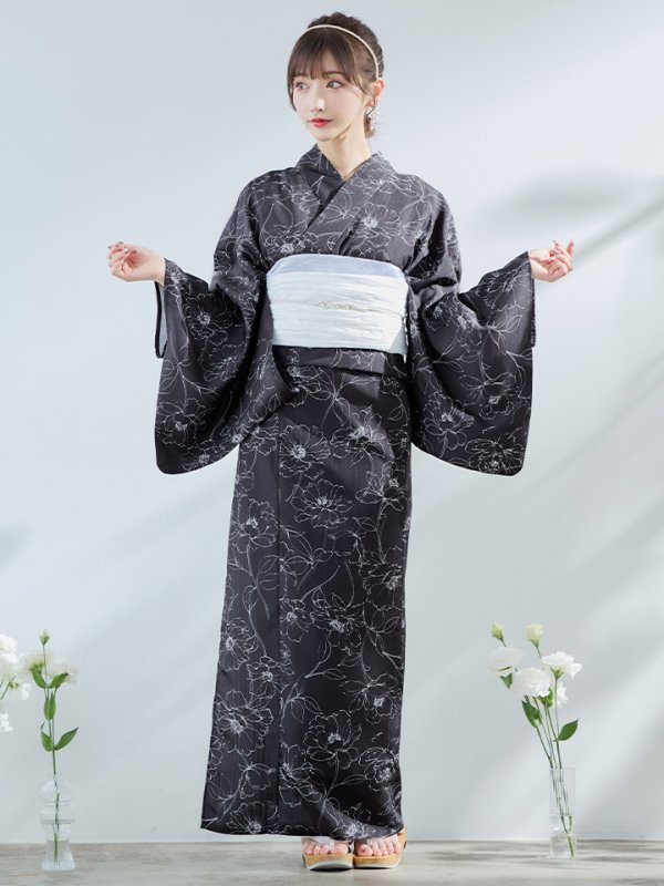 画像4: 【即日発送】ブラック×線画フラワー浴衣【浴衣３点セット 浴衣/帯/下駄】[YMT]