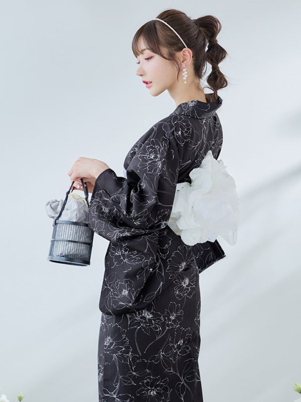 画像6: 【即日発送】ブラック×線画フラワー浴衣【浴衣３点セット 浴衣/帯/下駄】[YMT]