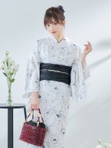 【即日発送】ホワイト×線画フラワー浴衣【浴衣３点セット 浴衣/帯/下駄】OBI-siwa-202-ok-11-B / HIMO-900-yn-1-B / HEKO-800-sb-5-WH / YA-73-kn-GY / GETA-03-ok-2-P[YMT]