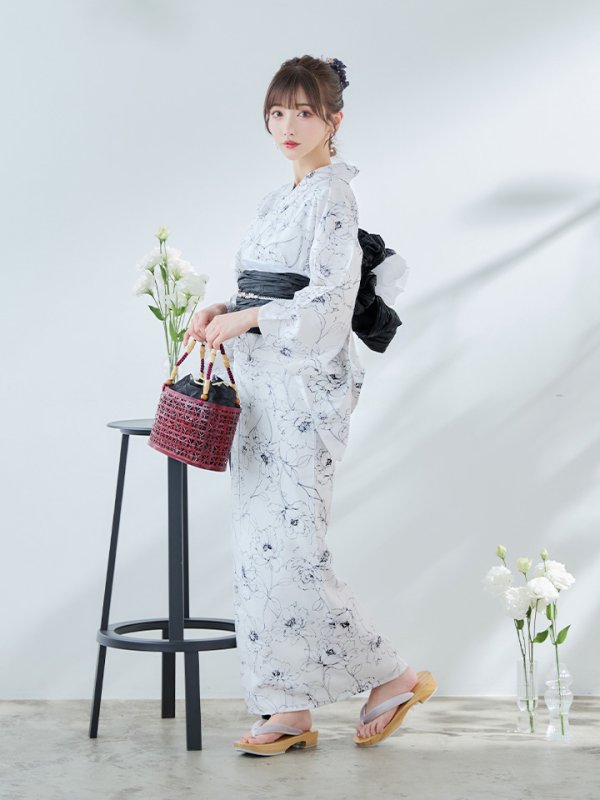 画像10: 【即日発送】ホワイト×線画フラワー浴衣【浴衣３点セット 浴衣/帯/下駄】[YMT]