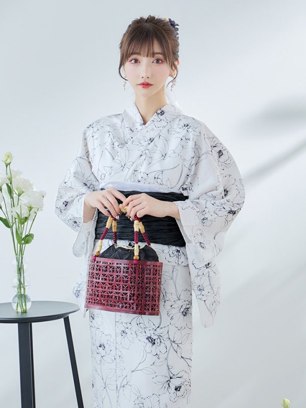 画像12: 【即日発送】ホワイト×線画フラワー浴衣【浴衣３点セット 浴衣/帯/下駄】[YMT]