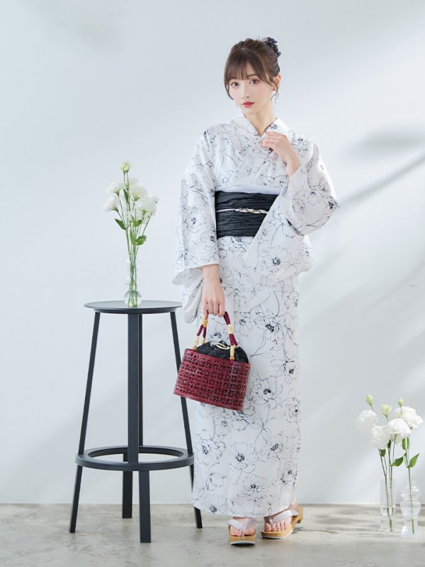画像14: 【即日発送】ホワイト×線画フラワー浴衣【浴衣３点セット 浴衣/帯/下駄】[YMT]