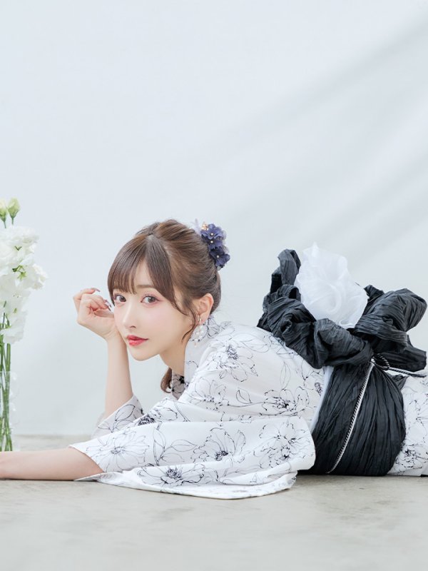 画像15: 【即日発送】ホワイト×線画フラワー浴衣【浴衣３点セット 浴衣/帯/下駄】[YMT]