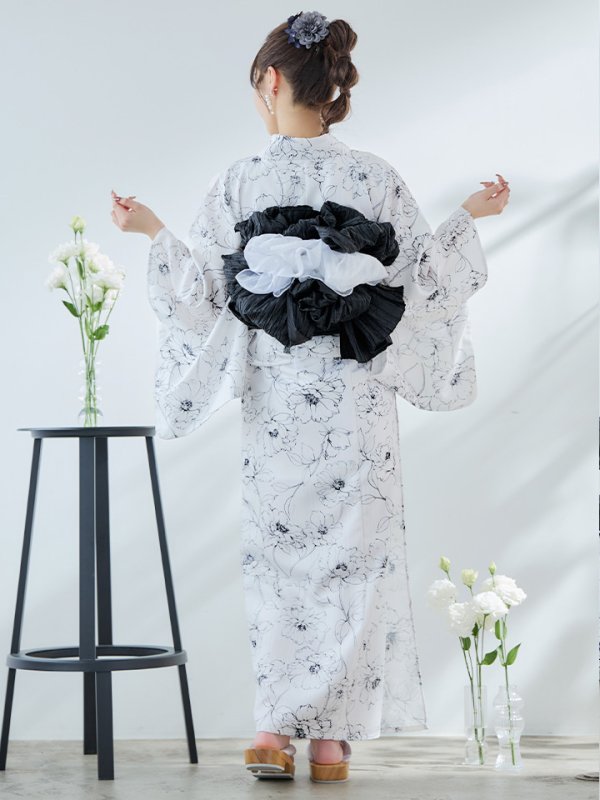 画像17: 【即日発送】ホワイト×線画フラワー浴衣【浴衣３点セット 浴衣/帯/下駄】[YMT]