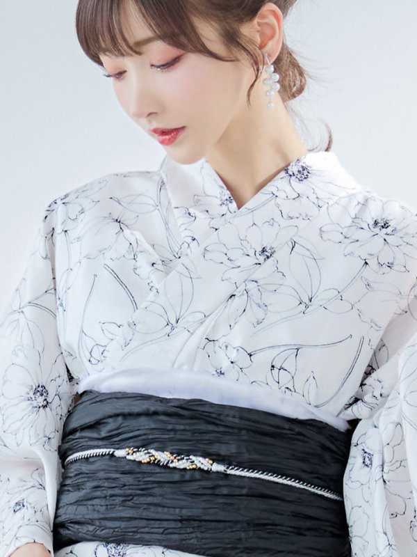 画像18: 【即日発送】ホワイト×線画フラワー浴衣【浴衣３点セット 浴衣/帯/下駄】[YMT]