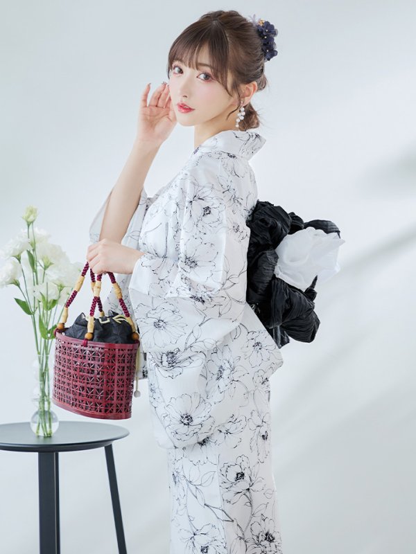 画像3: 【即日発送】ホワイト×線画フラワー浴衣【浴衣３点セット 浴衣/帯/下駄】[YMT]