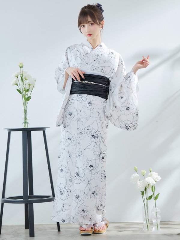 画像4: 【即日発送】ホワイト×線画フラワー浴衣【浴衣３点セット 浴衣/帯/下駄】[YMT]