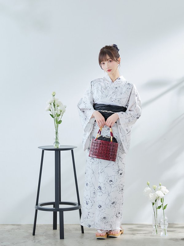 画像5: 【即日発送】ホワイト×線画フラワー浴衣【浴衣３点セット 浴衣/帯/下駄】[YMT]