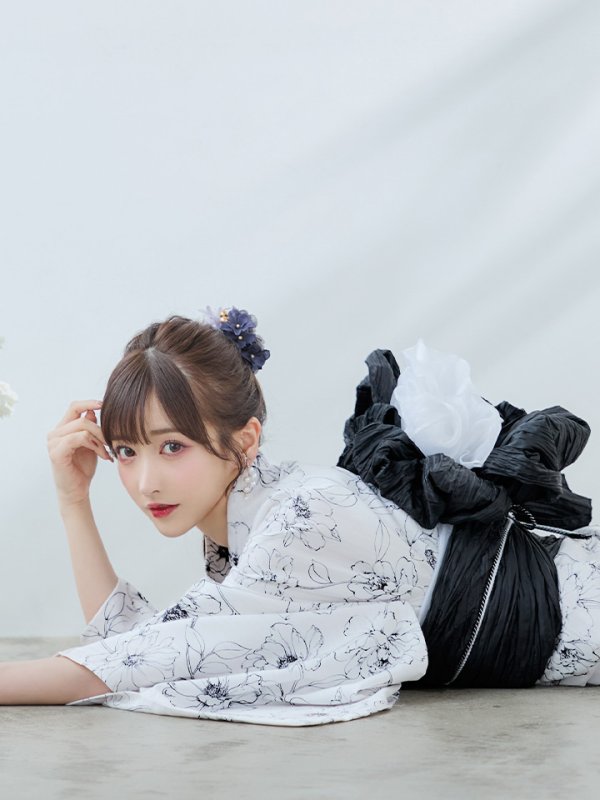 画像6: 【即日発送】ホワイト×線画フラワー浴衣【浴衣３点セット 浴衣/帯/下駄】[YMT]