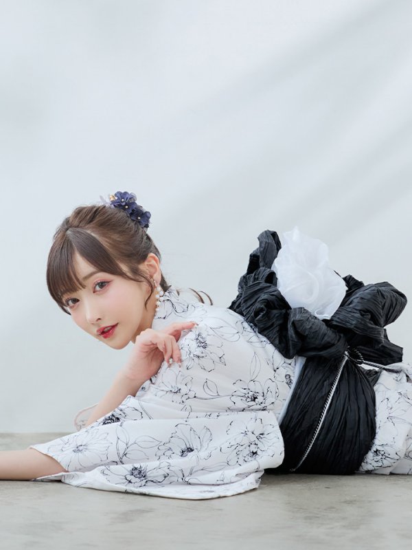 画像7: 【即日発送】ホワイト×線画フラワー浴衣【浴衣３点セット 浴衣/帯/下駄】[YMT]