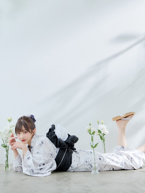画像8: 【即日発送】ホワイト×線画フラワー浴衣【浴衣３点セット 浴衣/帯/下駄】[YMT]