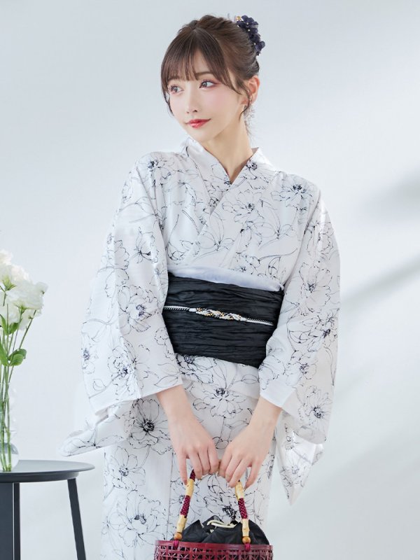 画像9: 【即日発送】ホワイト×線画フラワー浴衣【浴衣３点セット 浴衣/帯/下駄】[YMT]