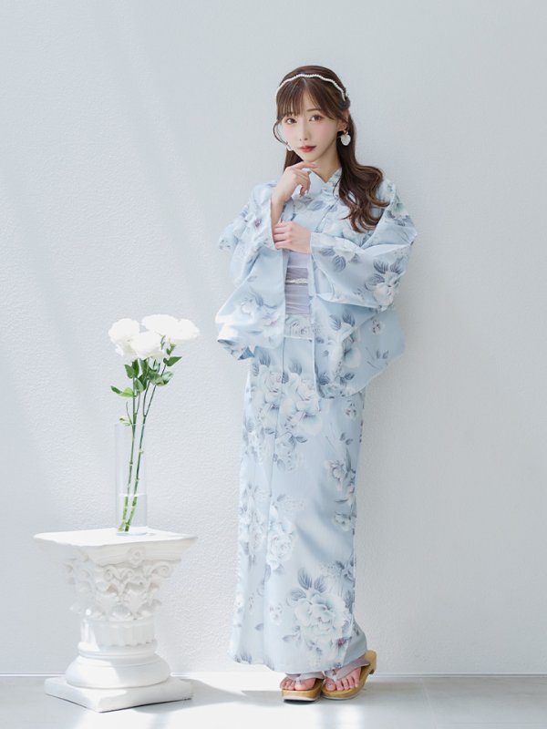 画像10: 【即日発送】クラシカルローズブルー浴衣【浴衣３点セット 浴衣/帯/下駄】[YMT]