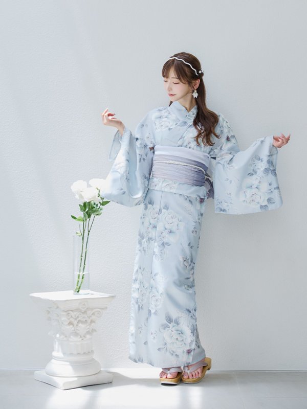 画像12: 【即日発送】クラシカルローズブルー浴衣【浴衣３点セット 浴衣/帯/下駄】[YMT]