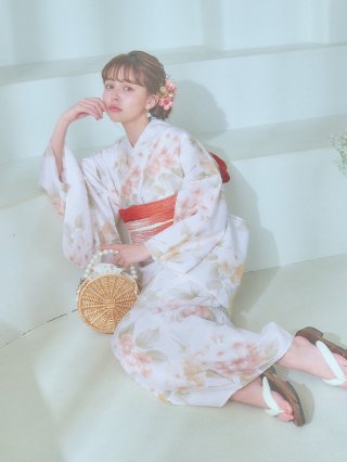 クリームイエロー×オレンジ紫陽花浴衣 