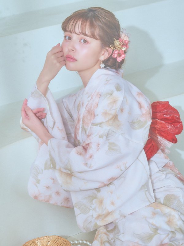 画像13: 【即日発送！】クリームイエロー×オレンジ紫陽花浴衣【浴衣３点セット 浴衣/帯/下駄】[YMT]