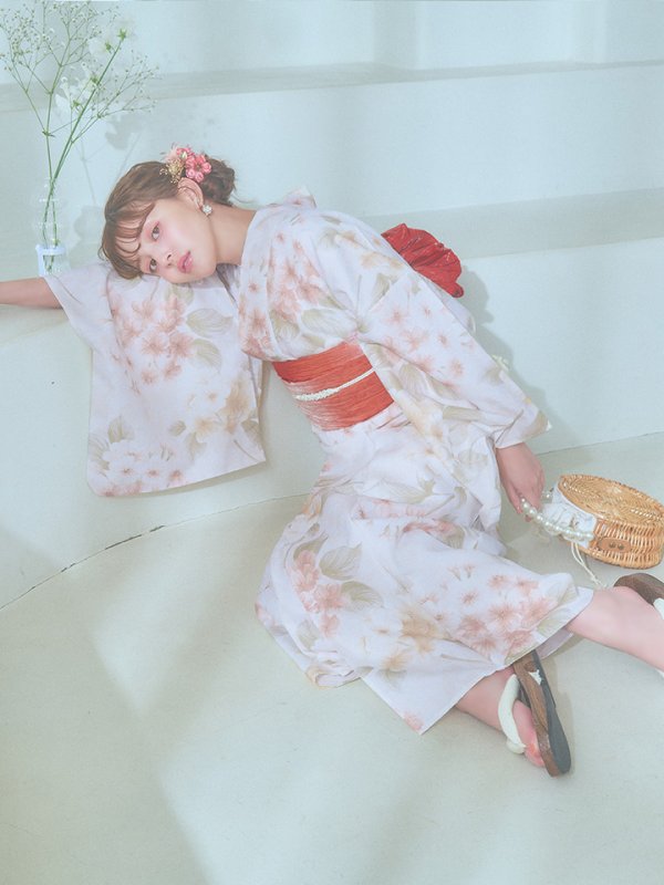 画像21: 【即日発送！】クリームイエロー×オレンジ紫陽花浴衣【浴衣３点セット 浴衣/帯/下駄】[YMT]