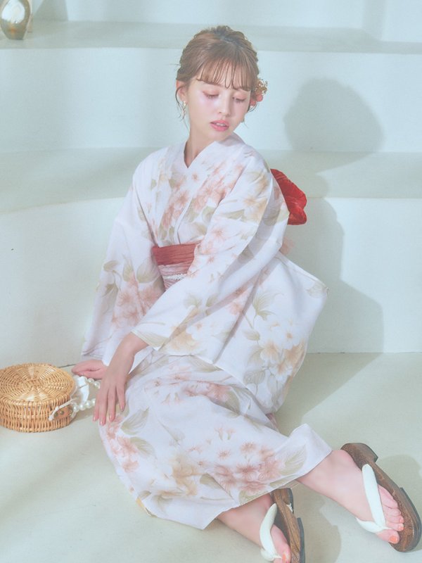 画像6: 【即日発送！】クリームイエロー×オレンジ紫陽花浴衣【浴衣３点セット 浴衣/帯/下駄】[YMT]