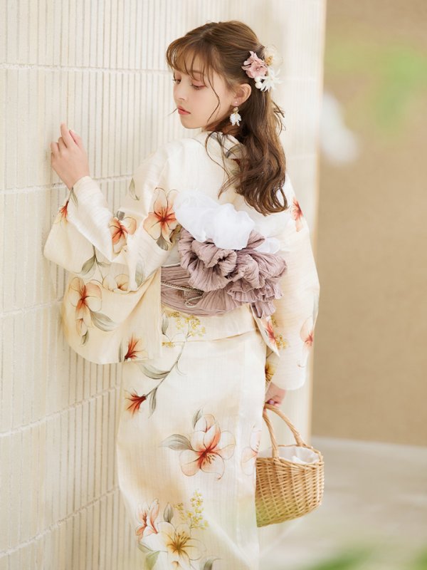 画像2: 【即日発送】アイボリーフラワー浴衣 OBI-siwa-202-ok-1-BE / HIMO-900-yn-7-MOC / HEKO-800-sb-5-WH / YA-1029-wk-P / GETA-02-ok-4-MOC/ [YMT]