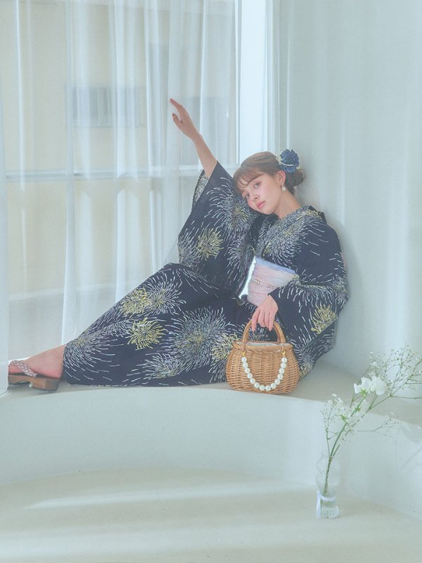 画像13: 【即日発送！】夜空×花火キラキラ浴衣【浴衣３点セット 浴衣/帯/下駄】[OF04]