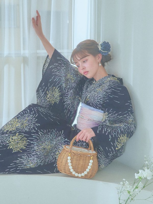 画像14: 【即日発送！】夜空×花火キラキラ浴衣【浴衣３点セット 浴衣/帯/下駄】[OF04]