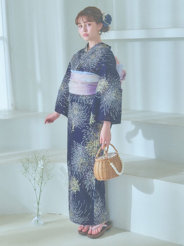 画像4: 【即日発送！】夜空×花火キラキラ浴衣【浴衣３点セット 浴衣/帯/下駄】[OF04]