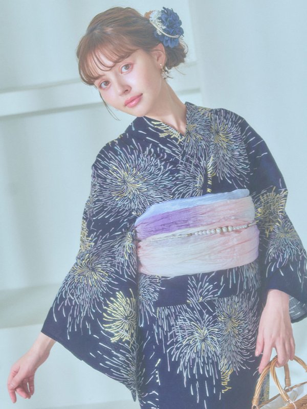 画像5: 【即日発送！】夜空×花火キラキラ浴衣【浴衣３点セット 浴衣/帯/下駄】[OF04]