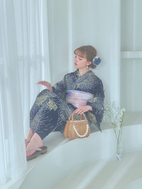 画像6: 【即日発送！】夜空×花火キラキラ浴衣【浴衣３点セット 浴衣/帯/下駄】[OF04]