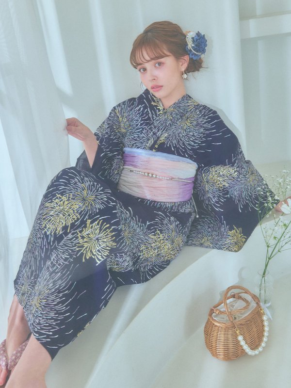 画像7: 【即日発送！】夜空×花火キラキラ浴衣【浴衣３点セット 浴衣/帯/下駄】[OF04]