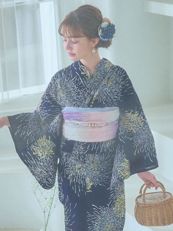 画像9: 【即日発送！】夜空×花火キラキラ浴衣【浴衣３点セット 浴衣/帯/下駄】[OF04]