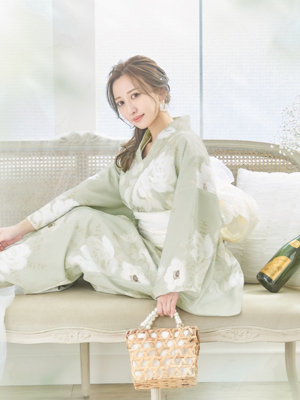 画像6: 【即日発送】くすみグリーン×ホワイトフラワー浴衣 【浴衣３点セット 浴衣/帯/下駄】[YMT]