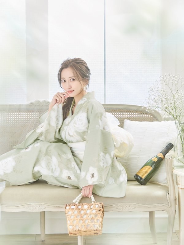 画像11: 【即日発送】くすみグリーン×ホワイトフラワー浴衣 【浴衣３点セット 浴衣/帯/下駄】[YMT]