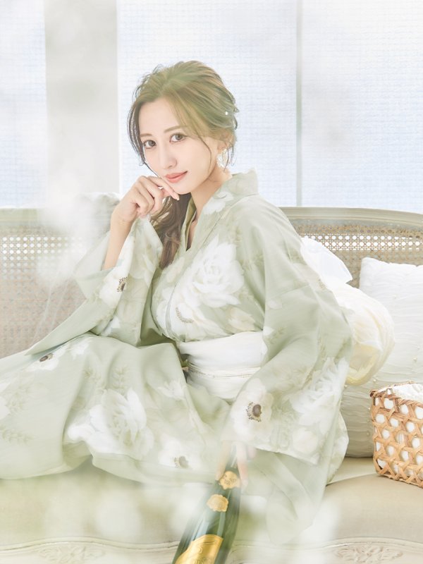 画像13: 【即日発送】くすみグリーン×ホワイトフラワー浴衣 【浴衣３点セット 浴衣/帯/下駄】[YMT]