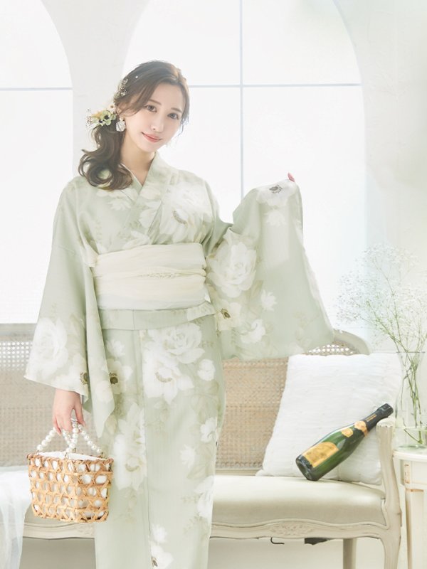 画像17: 【即日発送】くすみグリーン×ホワイトフラワー浴衣 【浴衣３点セット 浴衣/帯/下駄】[YMT]