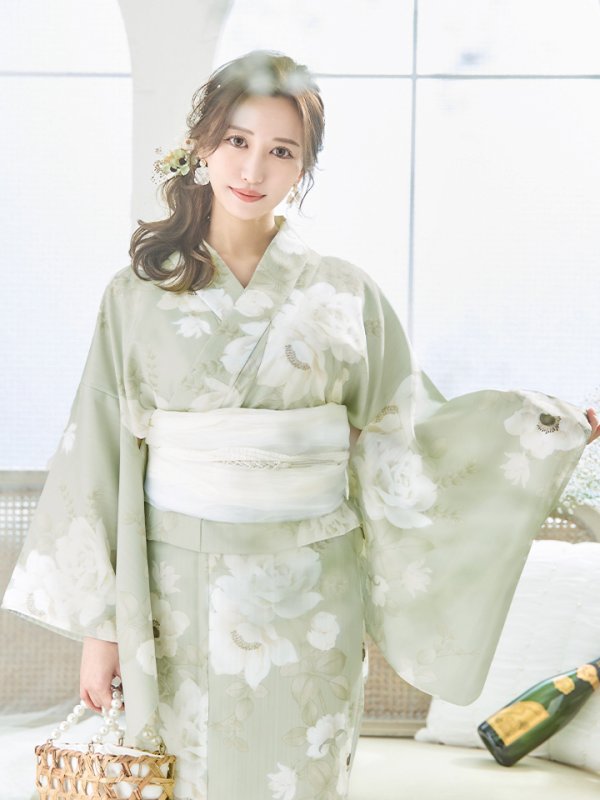 画像19: 【即日発送】くすみグリーン×ホワイトフラワー浴衣 【浴衣３点セット 浴衣/帯/下駄】[YMT]