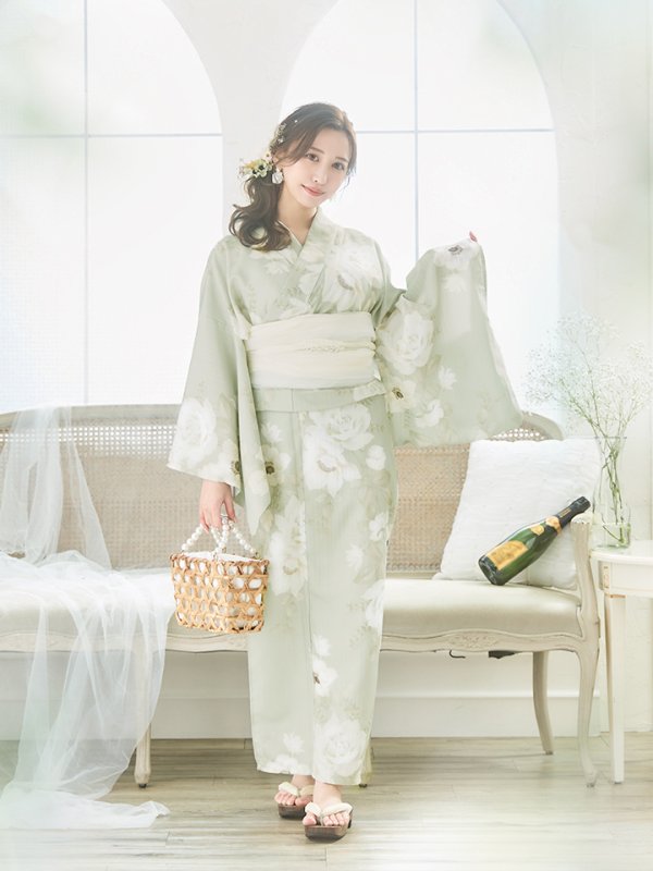 画像5: 【即日発送】くすみグリーン×ホワイトフラワー浴衣 【浴衣３点セット 浴衣/帯/下駄】[YMT]