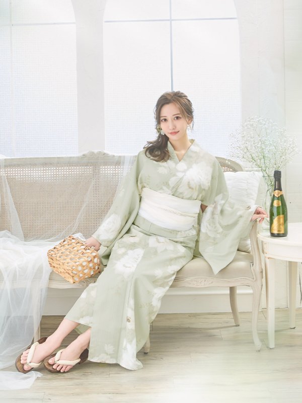 画像7: 【即日発送】くすみグリーン×ホワイトフラワー浴衣 【浴衣３点セット 浴衣/帯/下駄】[YMT]