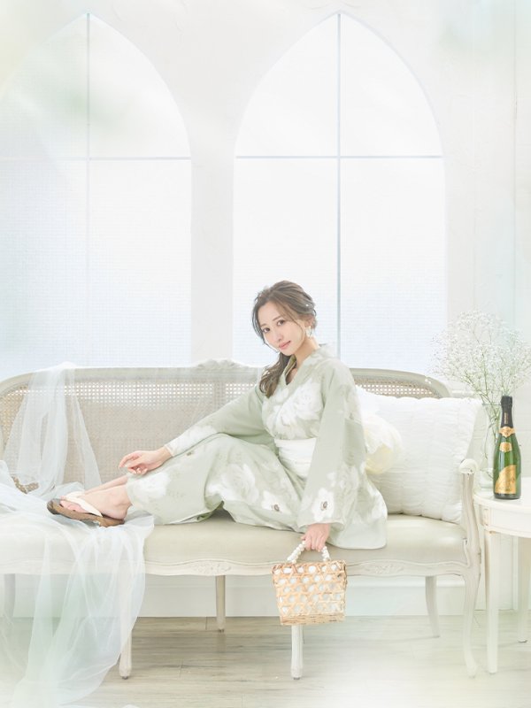 画像3: 【即日発送】くすみグリーン×ホワイトフラワー浴衣 【浴衣３点セット 浴衣/帯/下駄】[YMT]