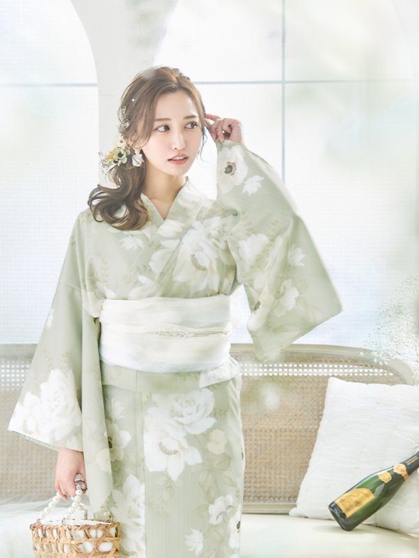 画像8: 【即日発送】くすみグリーン×ホワイトフラワー浴衣 【浴衣３点セット 浴衣/帯/下駄】[YMT]