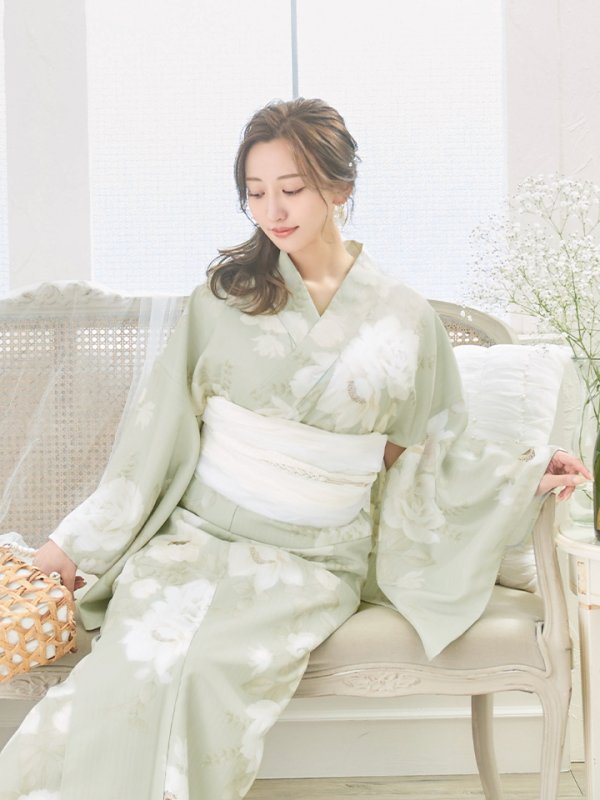 画像10: 【即日発送】くすみグリーン×ホワイトフラワー浴衣 【浴衣３点セット 浴衣/帯/下駄】[YMT]