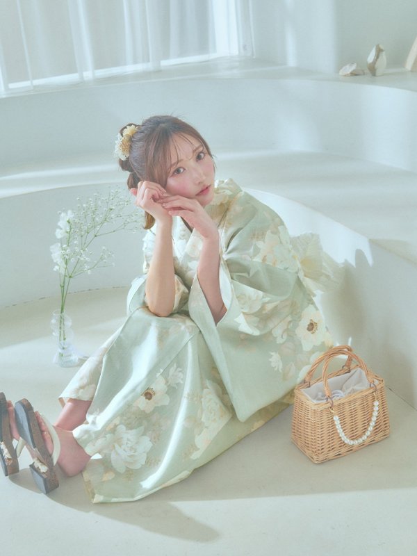 画像10: 【即日発送】くすみグリーン×ホワイトフラワー浴衣【浴衣３点セット 浴衣/帯/下駄】[YMT]