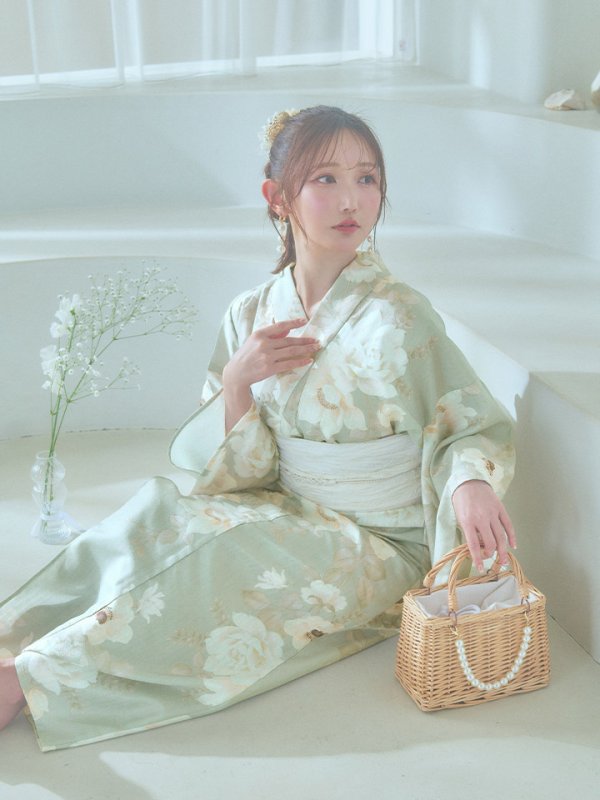 画像11: 【即日発送】くすみグリーン×ホワイトフラワー浴衣【浴衣３点セット 浴衣/帯/下駄】[YMT]