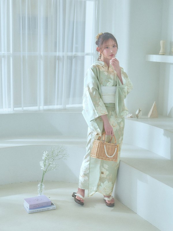 画像12: 【即日発送】くすみグリーン×ホワイトフラワー浴衣【浴衣３点セット 浴衣/帯/下駄】[YMT]