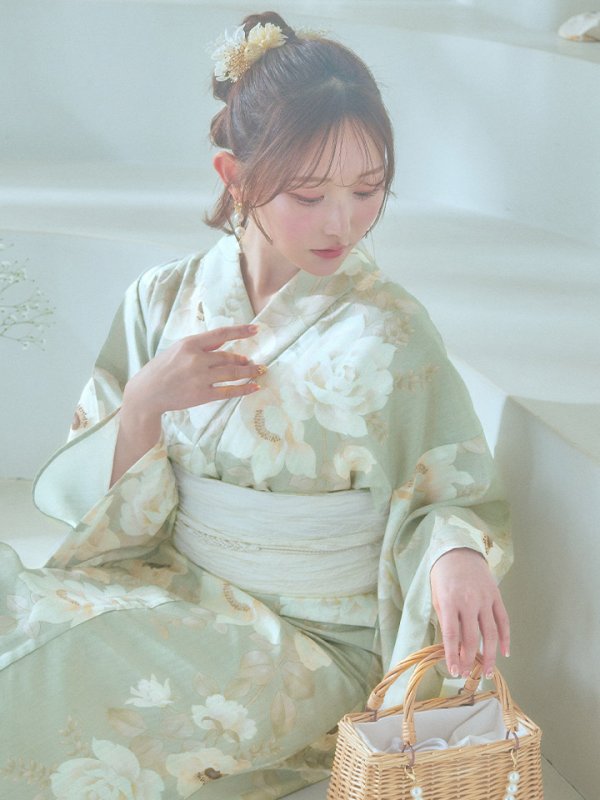 画像13: 【即日発送】くすみグリーン×ホワイトフラワー浴衣【浴衣３点セット 浴衣/帯/下駄】[YMT]
