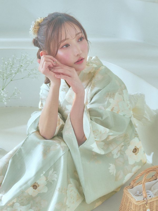 画像14: 【即日発送】くすみグリーン×ホワイトフラワー浴衣【浴衣３点セット 浴衣/帯/下駄】[YMT]