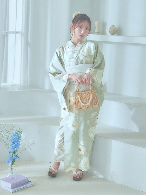 画像15: 【即日発送】くすみグリーン×ホワイトフラワー浴衣【浴衣３点セット 浴衣/帯/下駄】[YMT]