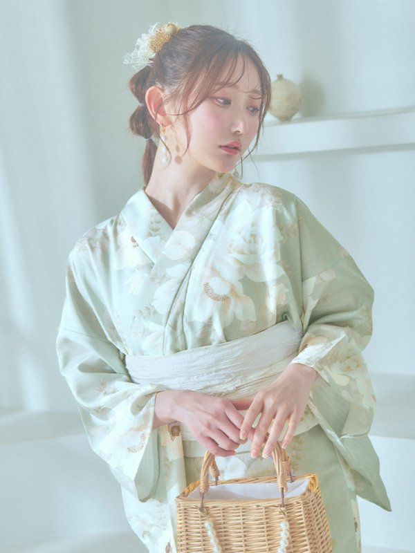 画像16: 【即日発送】くすみグリーン×ホワイトフラワー浴衣【浴衣３点セット 浴衣/帯/下駄】[YMT]